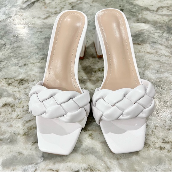 NIB SHEIN White Braided Strap Block Heels Slide Mules Heels Size 6 - Picture 4 of 13